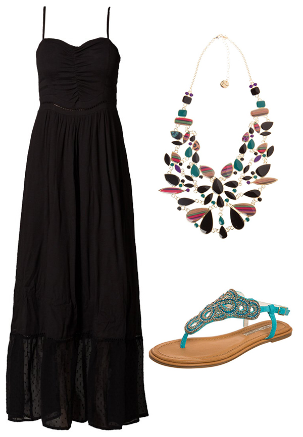 Maxi dress: Naf Naf Paris, 90 € su zalando.it Collana: Desigual, 54 € su desigual.com Sandali: Buffalo, 60 € su zalando.it