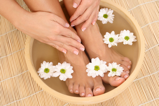beautiful legs and hands with perfect french pedicure